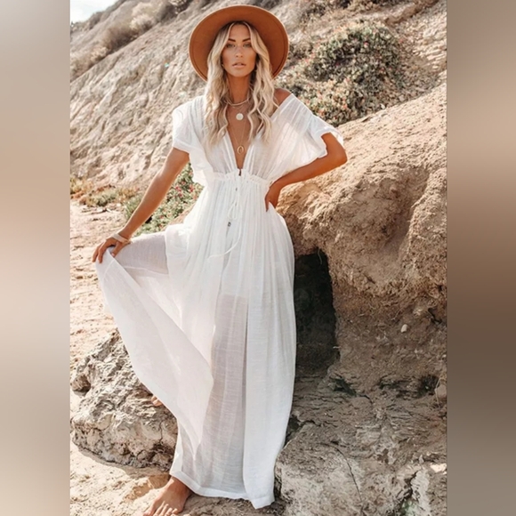 New Flowy Semi Sheer Maxi Cover Up Dress Summer White - Picture 2 of 11